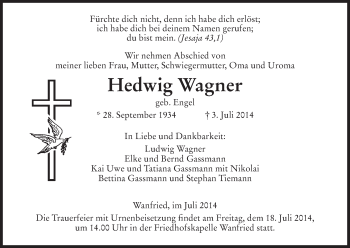 Traueranzeige von Hedwig Wagner von Eschwege