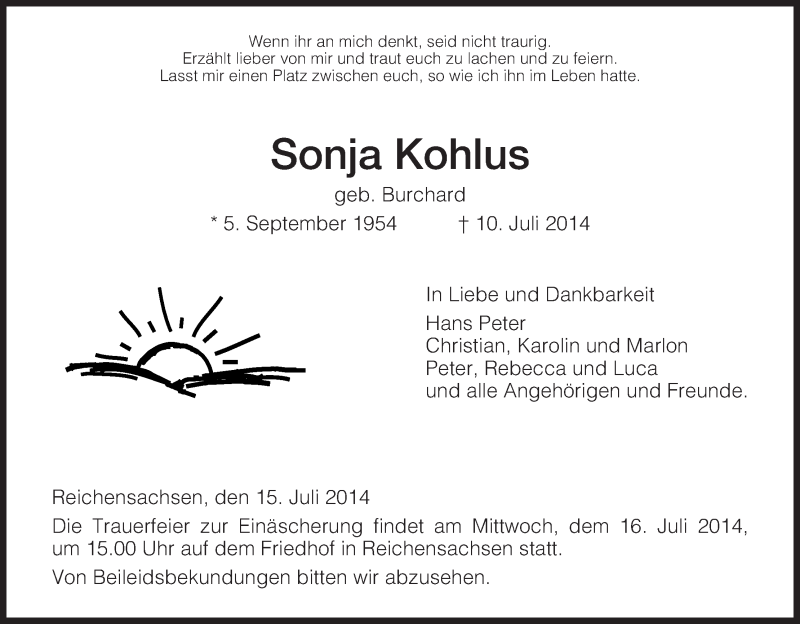  Traueranzeige für Sonja Kohlus vom 15.07.2014 aus Eschwege