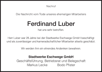 Traueranzeige von Ferdinand Luber von Eschwege