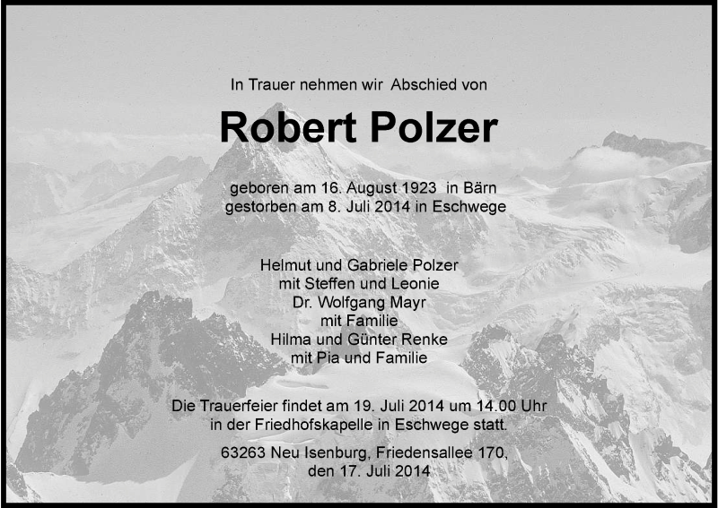  Traueranzeige für Robert Polzer vom 17.07.2014 aus Eschwege
