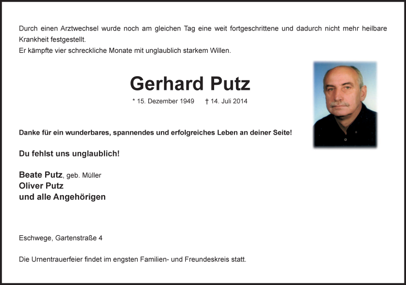  Traueranzeige für Gerhard Putz vom 19.07.2014 aus Eschwege