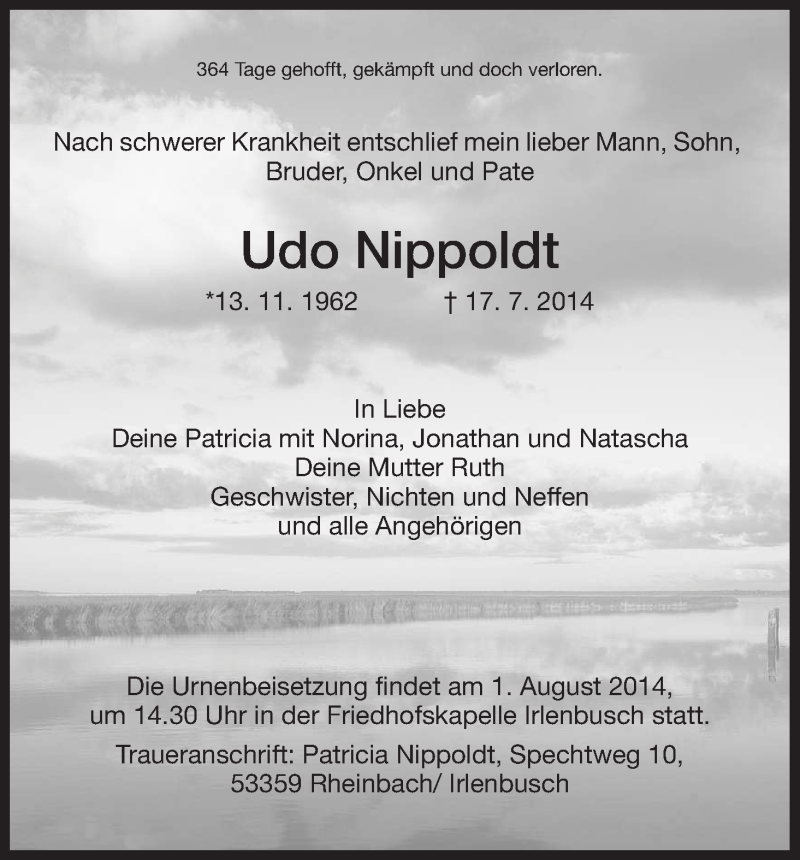 Traueranzeige für Udo Nippoldt vom 26.07.2014 aus Eschwege