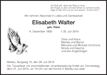 Traueranzeige von Elisabeth Walter von Eschwege