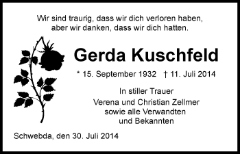 Traueranzeige von Gerda Kuschfeld von Eschwege