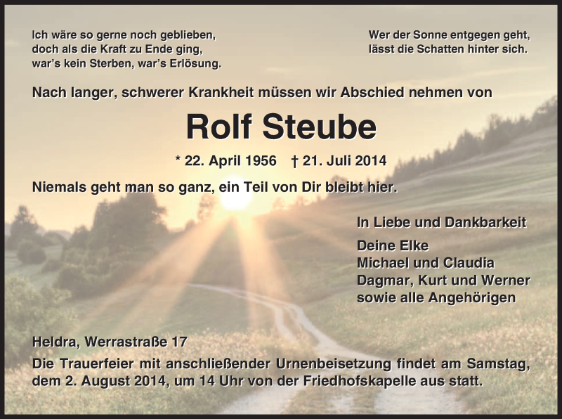  Traueranzeige für Rolf Steube vom 30.07.2014 aus Eschwege