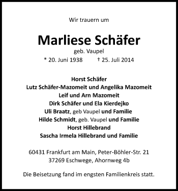 Traueranzeige von Marliese Schäfer von Eschwege