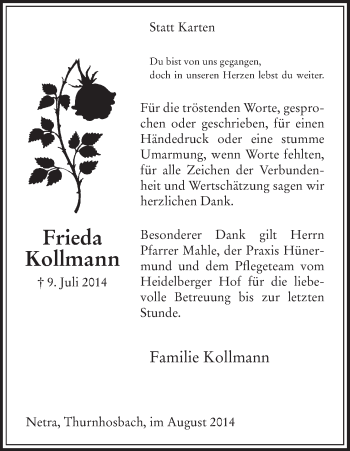 Traueranzeige von Frieda Kollmann von Eschwege
