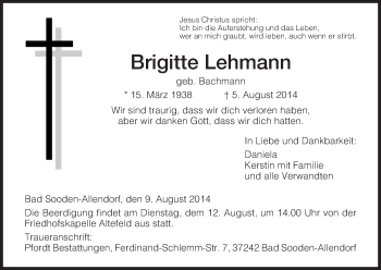 Traueranzeige von Brigitte Lehmann von Eschwege