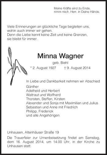 Traueranzeige von Minna Wagner von Eschwege