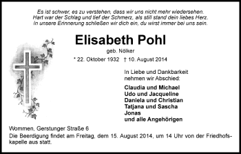 Traueranzeige von Elisabeth Pohl von Eschwege