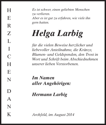 Traueranzeige von Helga Larbig von Eschwege