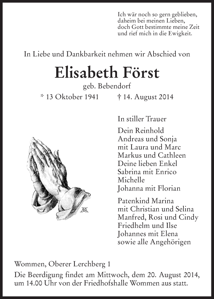  Traueranzeige für Elisabeth Först vom 18.08.2014 aus Eschwege