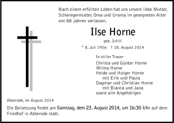 Traueranzeige von Ilse Horne von Eschwege