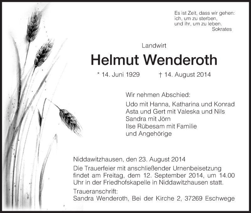  Traueranzeige für Helmut Wenderoth vom 23.08.2014 aus Eschwege