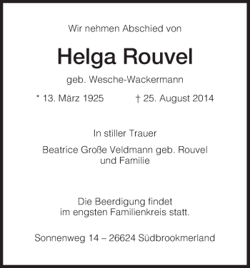 Traueranzeige von Helga Rouvel von Eschwege