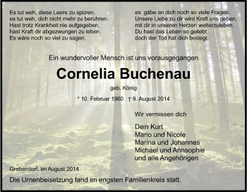 Traueranzeige von Cornelia Buchenau von Eschwege