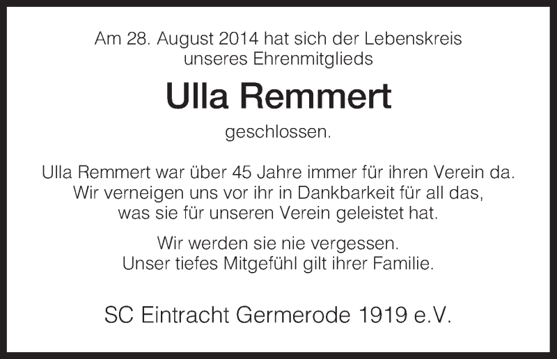  Traueranzeige für Ulla Remmert vom 30.08.2014 aus Eschwege