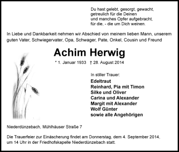 Traueranzeige von Achim Herwig von Eschwege