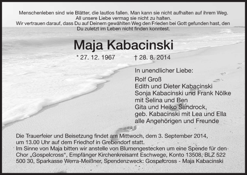 Traueranzeige für Maja Kabacinski vom 02.09.2014 aus Eschwege