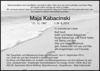 Traueranzeige von Maja Kabacinski von Eschwege