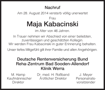 Traueranzeige von Maja Kabacinski von Eschwege