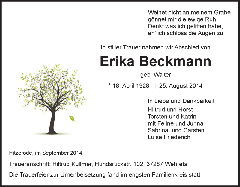 Traueranzeige für Erika Beckmann vom 06.09.2014 aus Eschwege