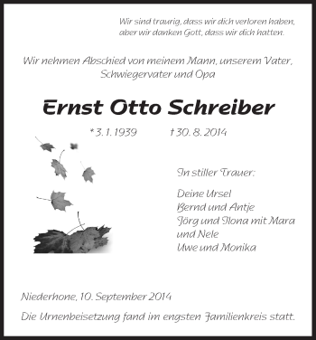 Traueranzeige von Ernst Otto Schreiber von Eschwege