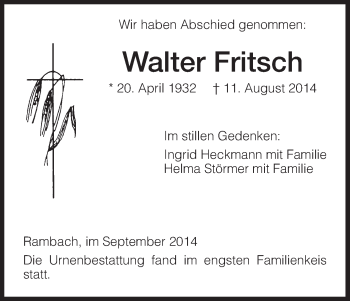 Traueranzeige von Walter Fritsch von Eschwege