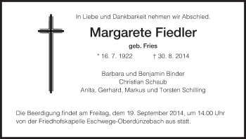 Traueranzeige von Margarete Fiedler von Eschwege