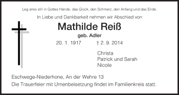 Traueranzeige von Mathilde Reiß von Eschwege