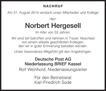 Traueranzeige von Norbert Hergesell von Eschwege