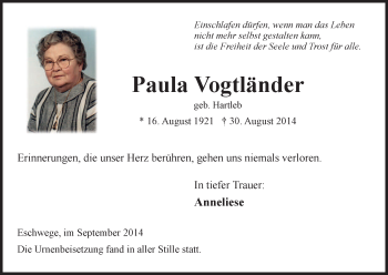 Traueranzeige von Paula Vogtländer von Eschwege