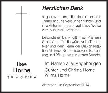 Traueranzeige von Ilse Horne von Eschwege