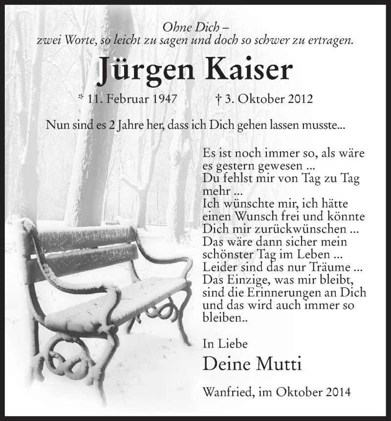  Traueranzeige für Jürgen Kaiser vom 03.10.2014 aus Eschwege
