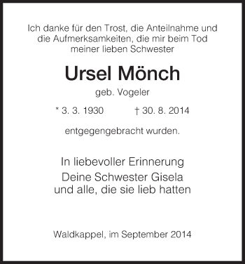 Traueranzeige von Ursel Mönch von Eschwege