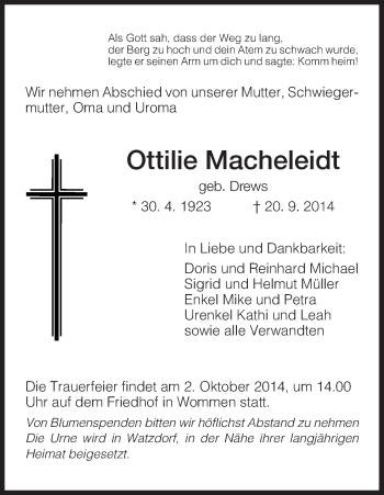 Traueranzeige von Ottilie Macheleidt von Eschwege