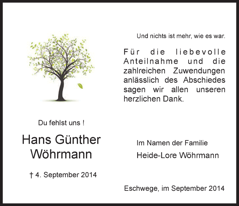  Traueranzeige für Hans Günther Wöhrmann vom 27.09.2014 aus Eschwege