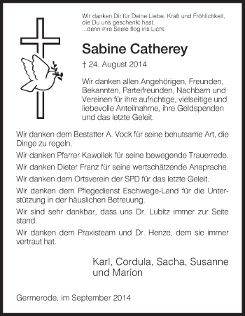 Traueranzeige von Sabine Catherey von Eschwege