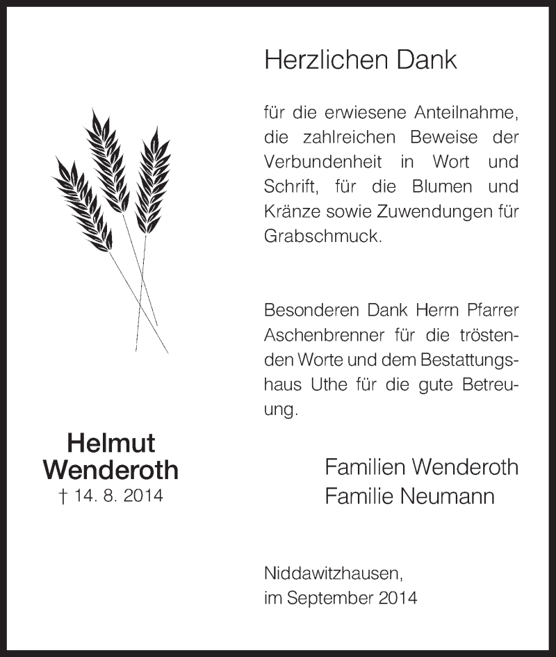  Traueranzeige für Helmut Wenderoth vom 27.09.2014 aus Eschwege