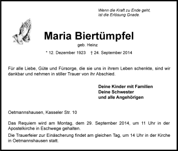 Traueranzeige von Maria Biertümpfel von Eschwege