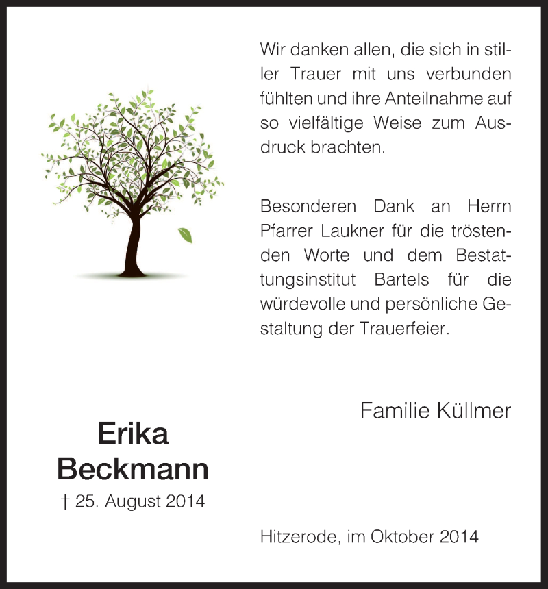  Traueranzeige für Erika Beckmann vom 03.10.2014 aus Eschwege
