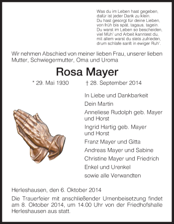 Traueranzeige von Rosa Mayer von Eschwege