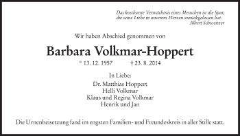 Traueranzeige von Barbara Volkmar-Hoppert von Eschwege