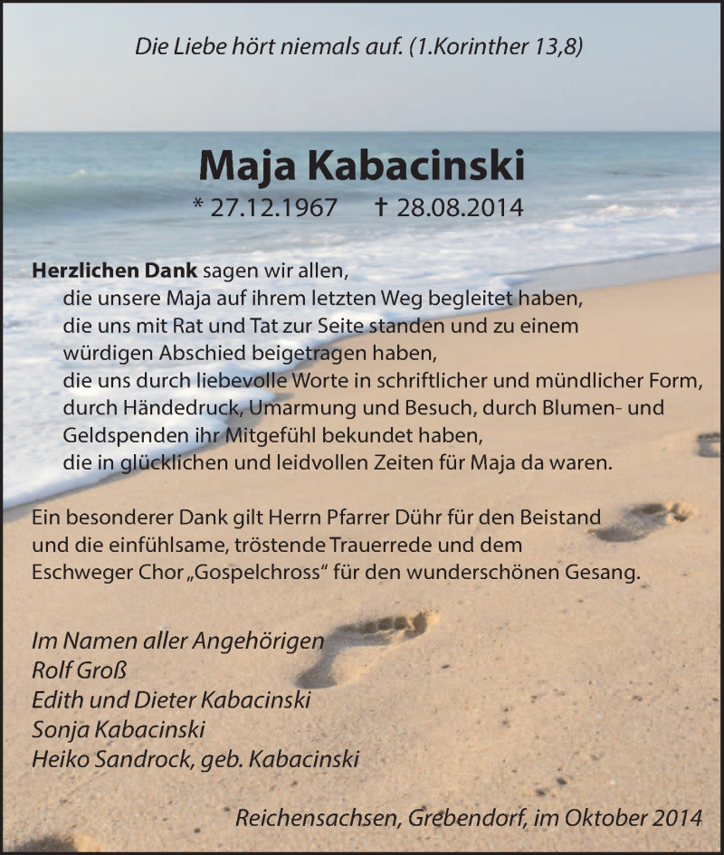  Traueranzeige für Maja Kabacinski vom 03.10.2014 aus Eschwege