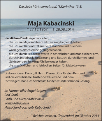 Traueranzeige von Maja Kabacinski von Eschwege