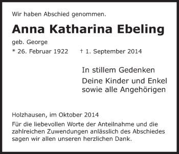 Traueranzeige von Anna Katharina Ebeling von Eschwege