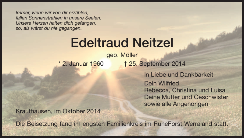  Traueranzeige für Edeltraud Neitzel vom 11.10.2014 aus Eschwege