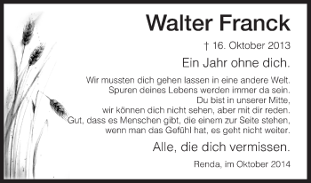 Traueranzeige von Walter Franck von Eschwege