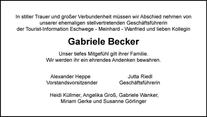  Traueranzeige für Gabriele Becker vom 17.10.2014 aus Eschwege
