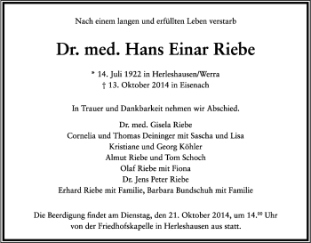 Traueranzeige von Hans Einar Riebe von Eschwege